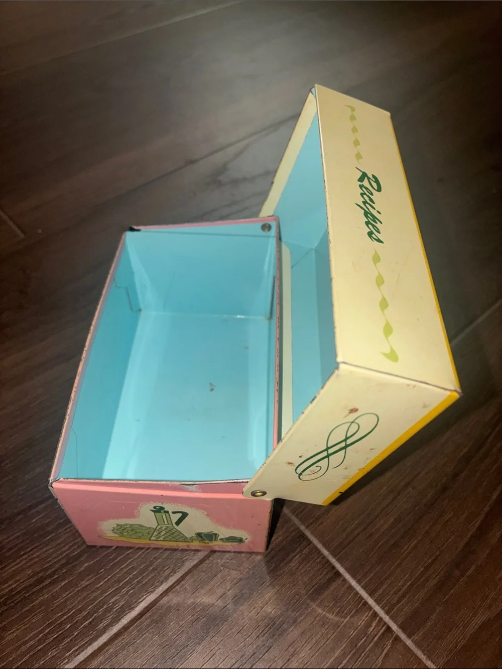 Vintage Recipes Tin Box Recipe Box Yellow Pink 50’s Retro VTG METAL OHIO ART USA